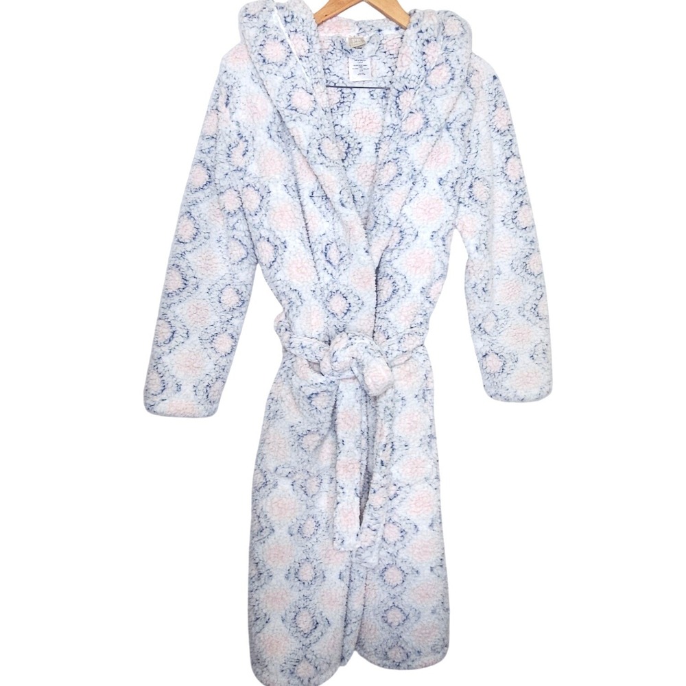 PB Teen Pottery Barn Alta Plush Sherpa Robe Blue Pink Floral Pattern